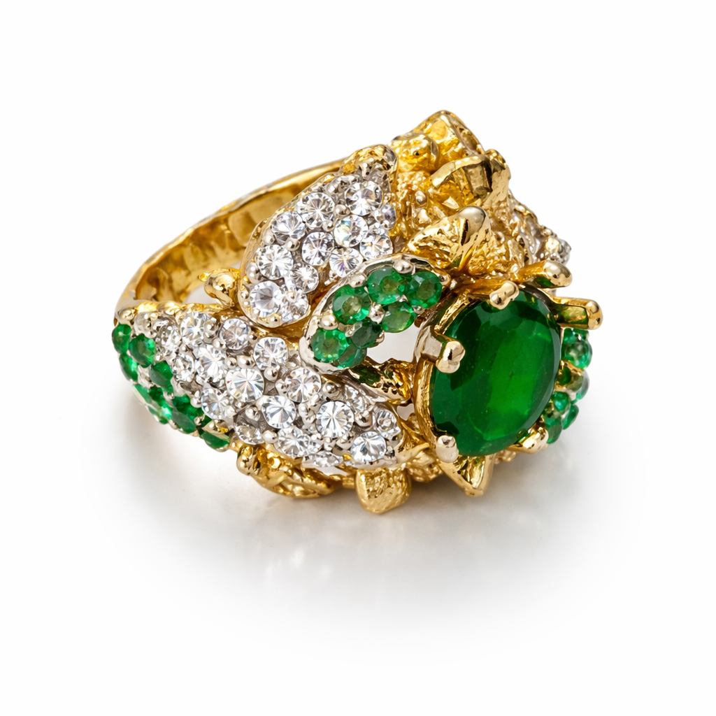 Vintage-Inspired Emerald Green Statement Ring – Ornate Gold-Tone Cocktail Ring with Crystal Accents