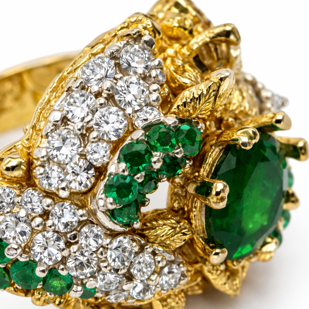 Vintage-Inspired Emerald Green Statement Ring – Ornate Gold-Tone Cocktail Ring with Crystal Accents