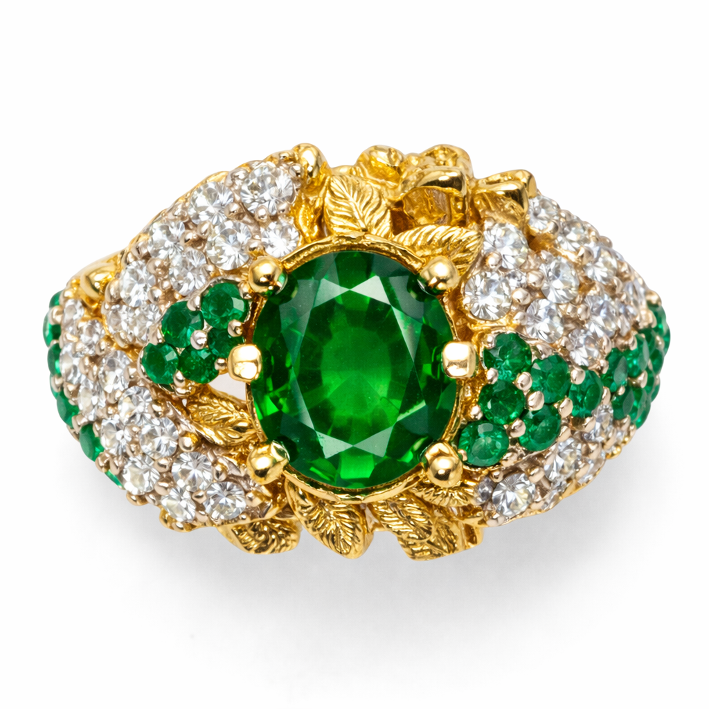 Vintage-Inspired Emerald Green Statement Ring – Ornate Gold-Tone Cocktail Ring with Crystal Accents