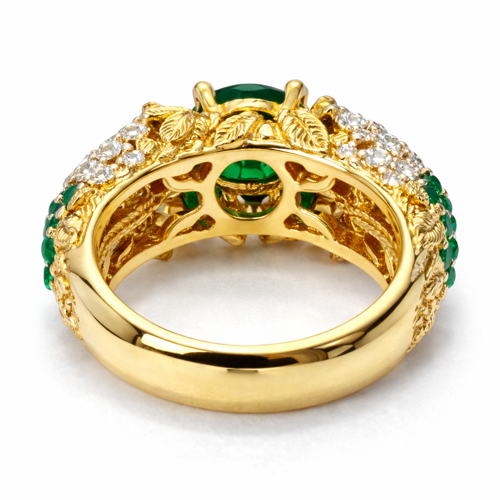 Vintage-Inspired Emerald Green Statement Ring – Ornate Gold-Tone Cocktail Ring with Crystal Accents