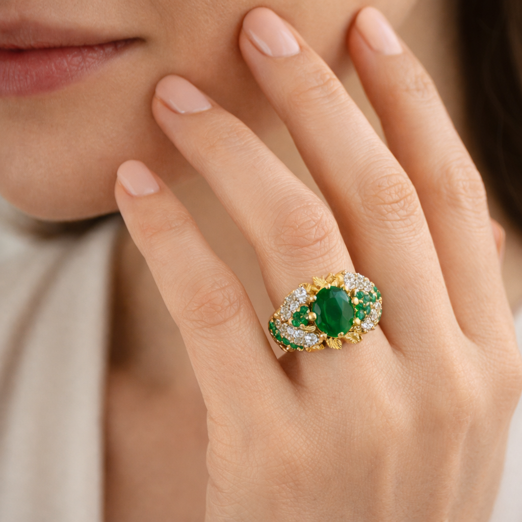 Vintage-Inspired Emerald Green Statement Ring – Ornate Gold-Tone Cocktail Ring with Crystal Accents