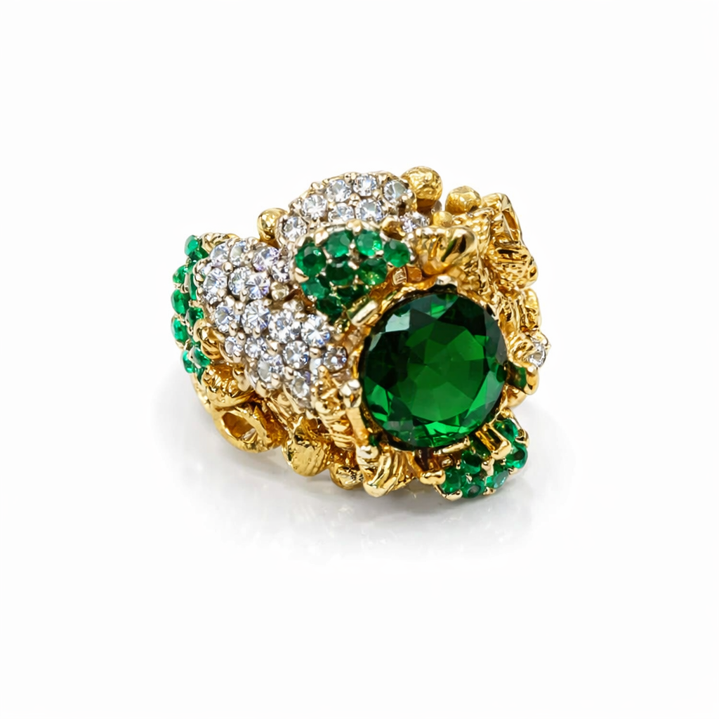 Vintage-Inspired Emerald & Diamond Cluster Statement Ring in 14K Gold Finish