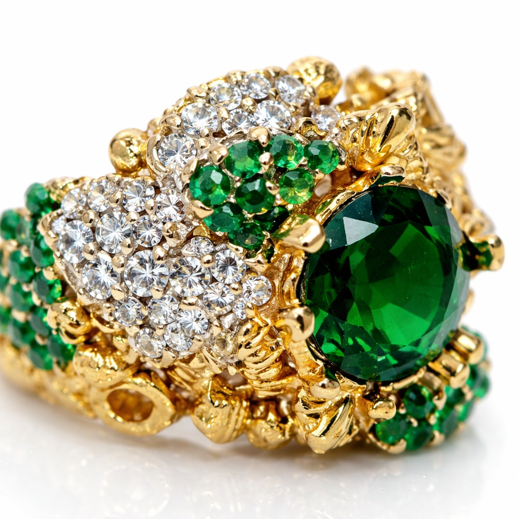 Vintage-Inspired Emerald & Diamond Cluster Statement Ring in 14K Gold Finish