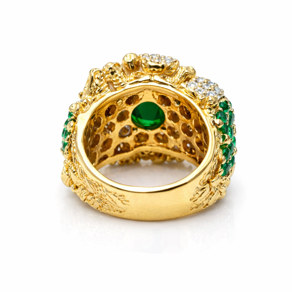 Vintage-Inspired Emerald & Diamond Cluster Statement Ring in 14K Gold Finish