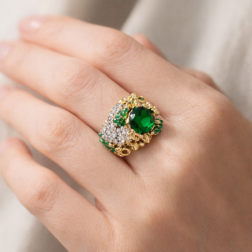 Vintage-Inspired Emerald & Diamond Cluster Statement Ring in 14K Gold Finish