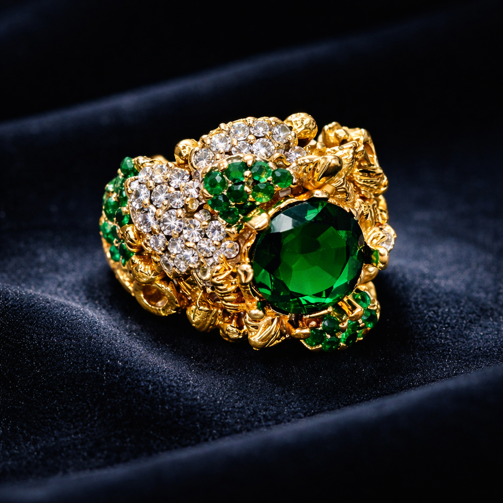 Vintage-Inspired Emerald & Diamond Cluster Statement Ring in 14K Gold Finish