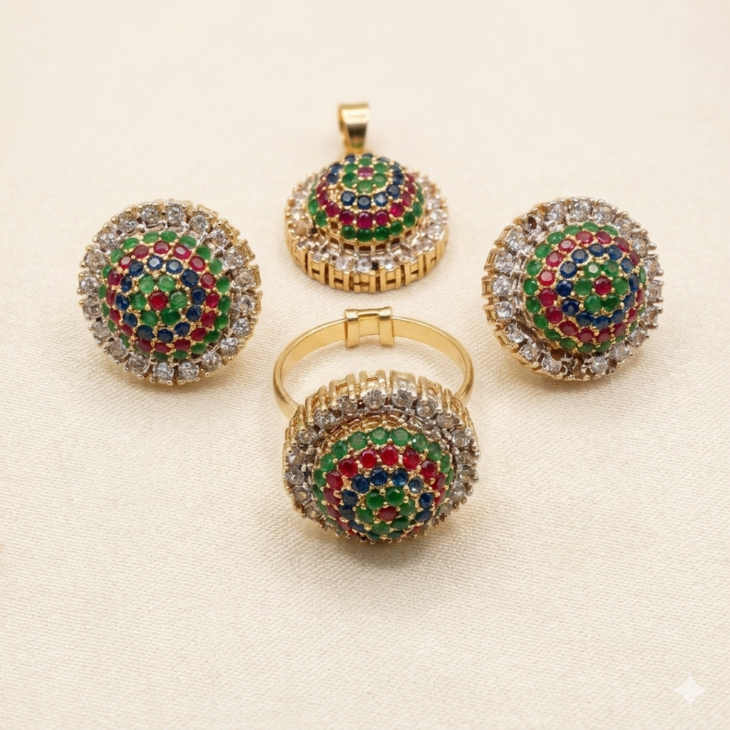 Traditional Gold-Plated Multicolour Navratna Style Pendant, Ring & Earrings Set
