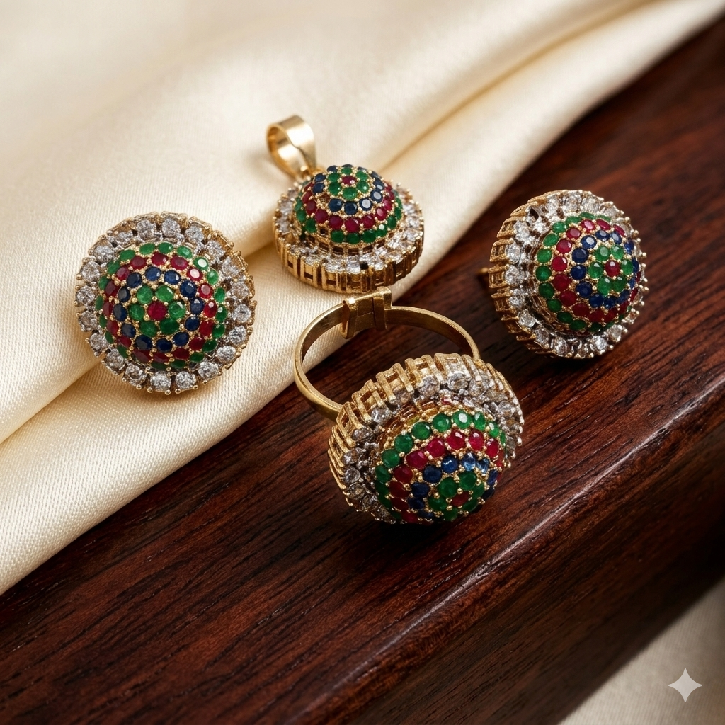 Traditional Gold-Plated Multicolour Navratna Style Pendant, Ring & Earrings Set