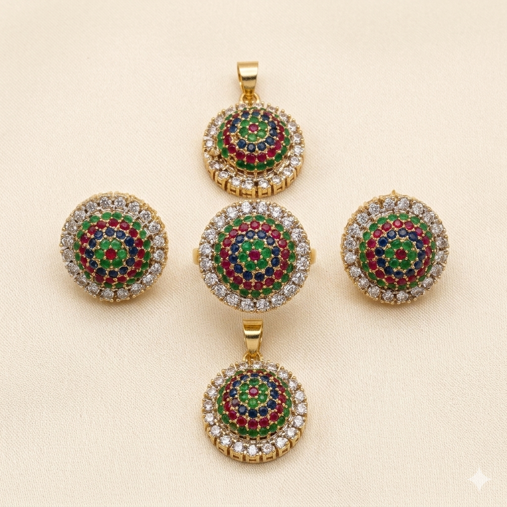 Traditional Gold-Plated Multicolour Navratna Style Pendant, Ring & Earrings Set
