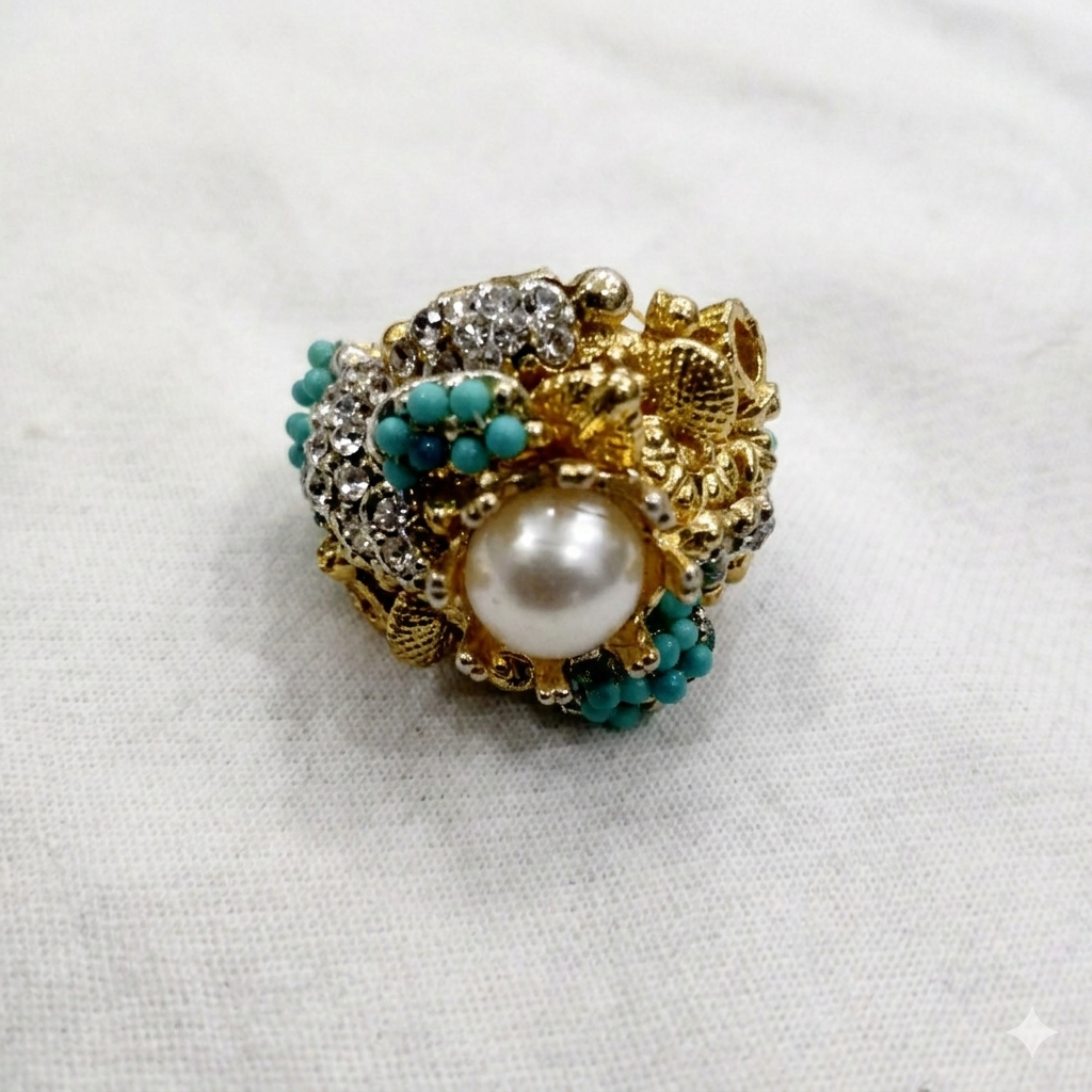 Bohemian Gold-Tone Statement Ring with Pearl, Turquoise, and Crystal Clusters
