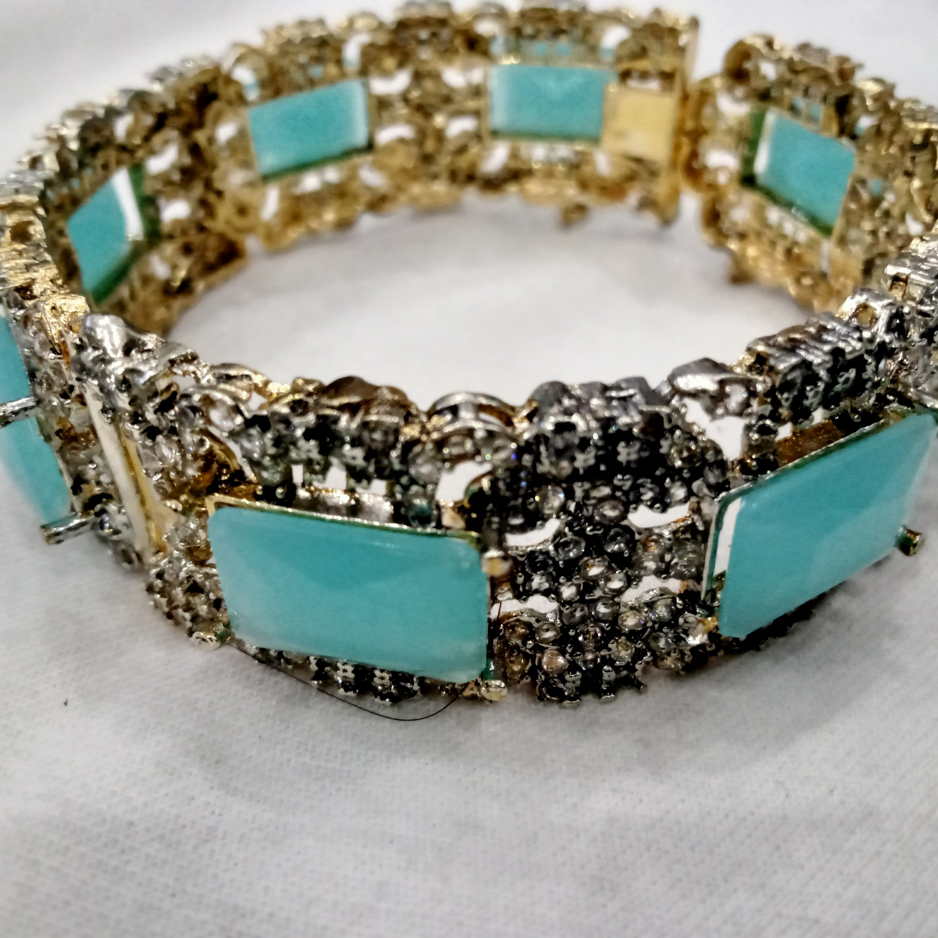 Elegant Turquoise & Pavé Crystal Gold-Plated Statement Bangles (Set of 2)
