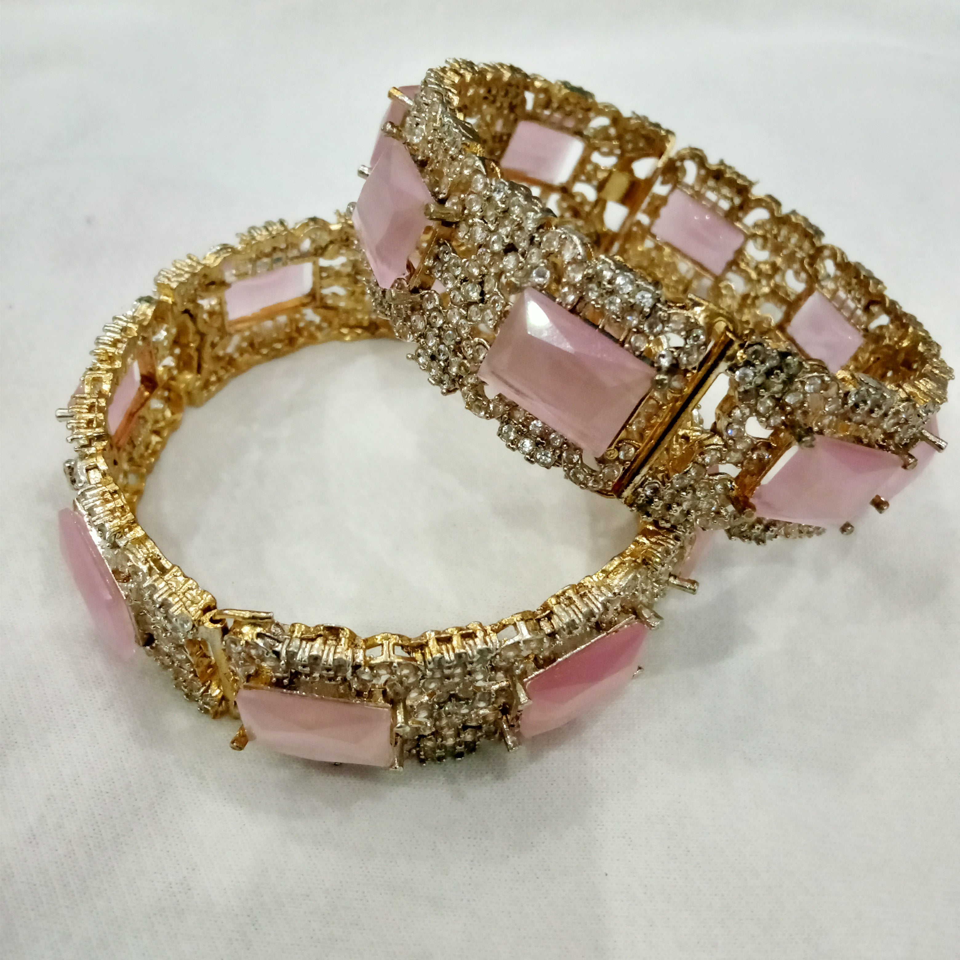 Elegant Rose Pink Stone Gold-Plated Bangles with Crystal Accents - Set of 2