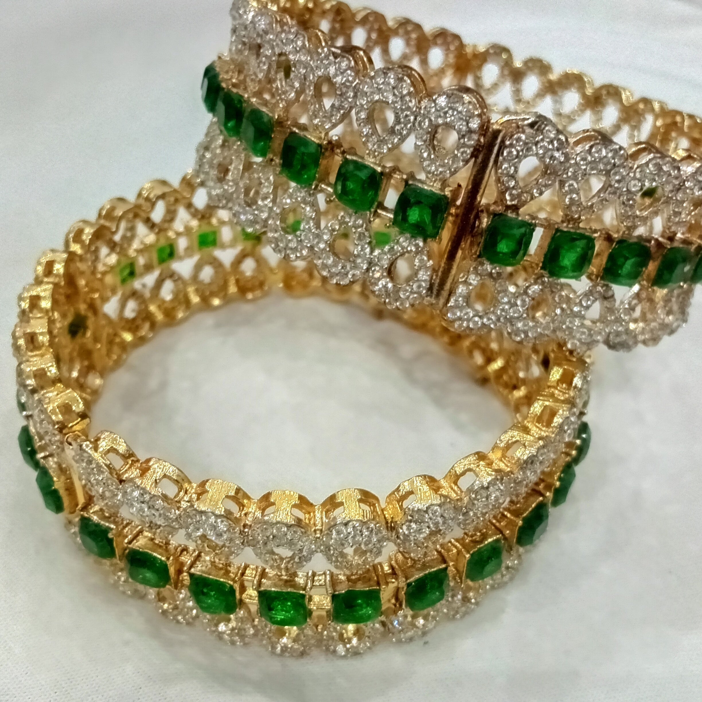 Luxury Green Emerald-Cut Stone & Crystal Gold Bangles for Weddings