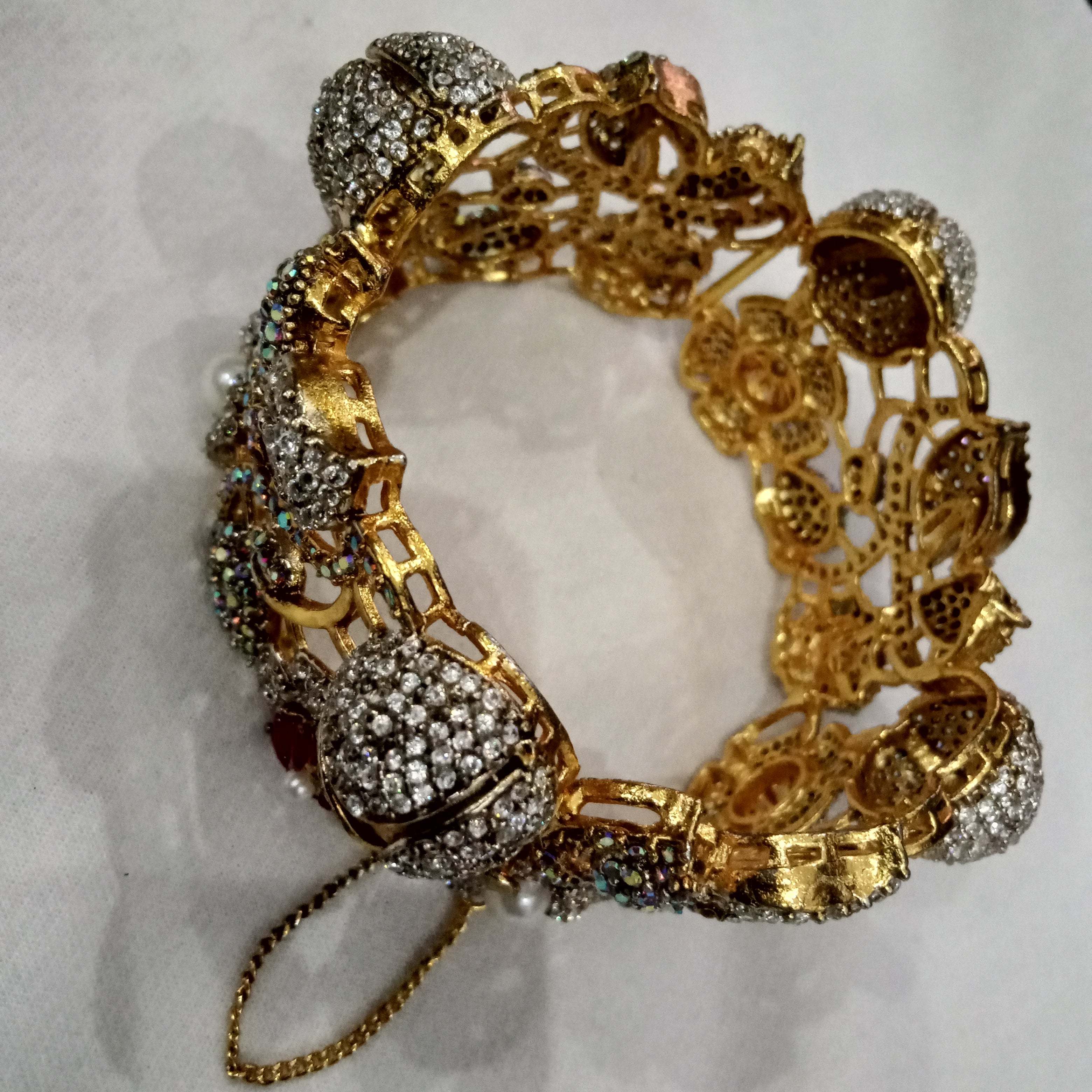 Royal Mughal-Inspired Filigree Kada Bangle – Gold Finish with Ruby, Pearl & Crystal Accents