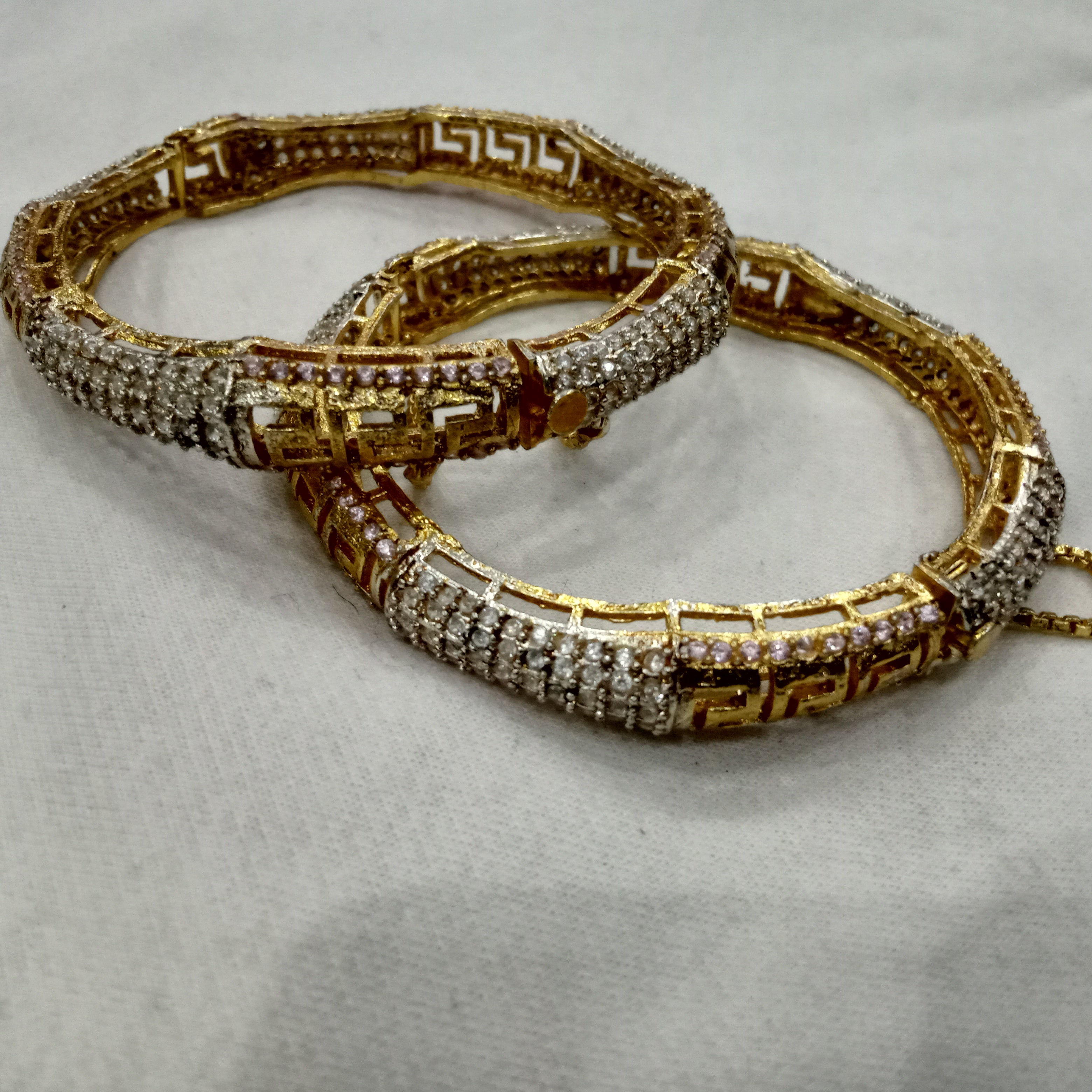 Elegant Gold-Plated Greek Key Fretwork Bangles with Pavé Crystal Accents (Set of 2)