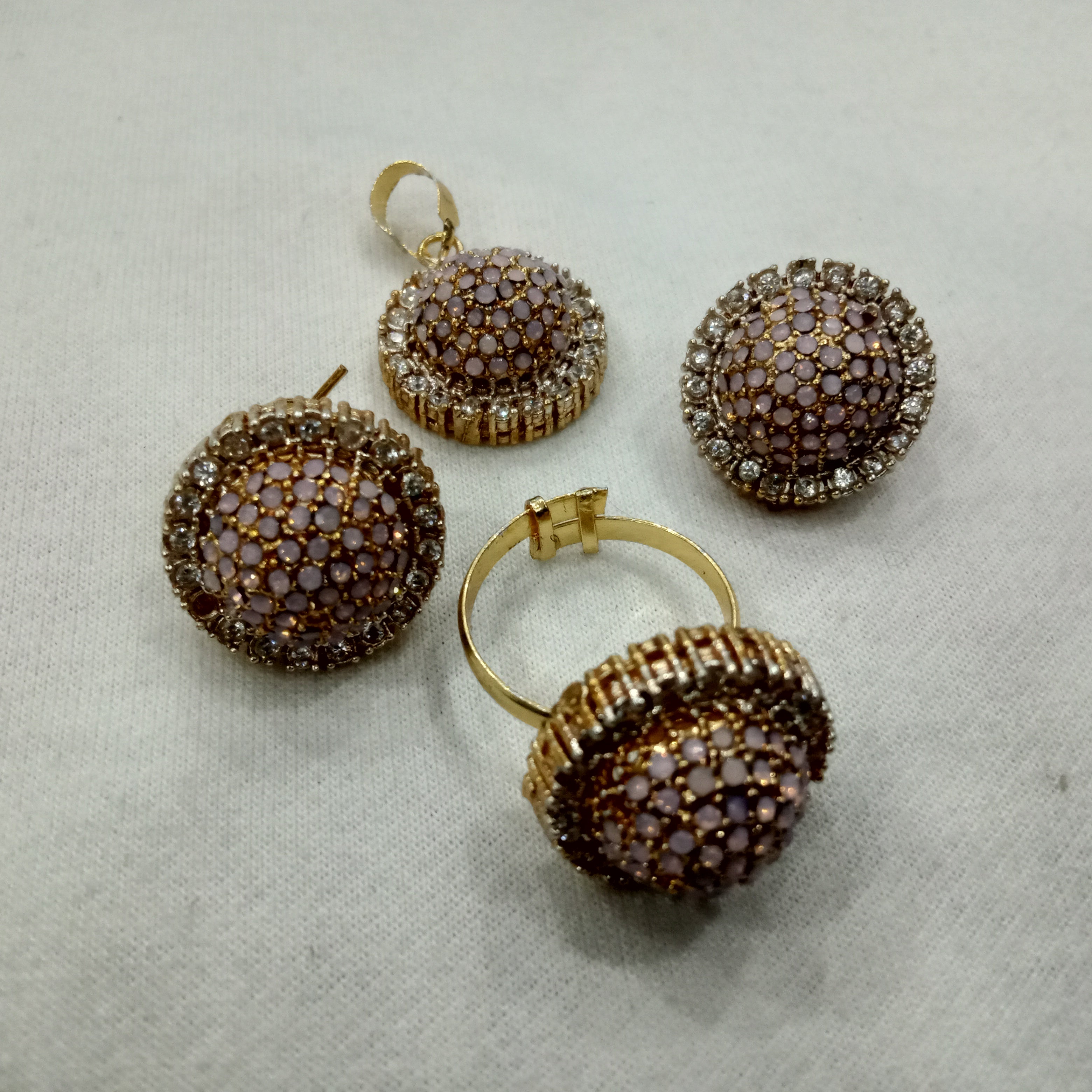 Vintage-Style Rose Gold Pavé Jewelry Set - Lavender Dome Ring, Earrings & Pendant