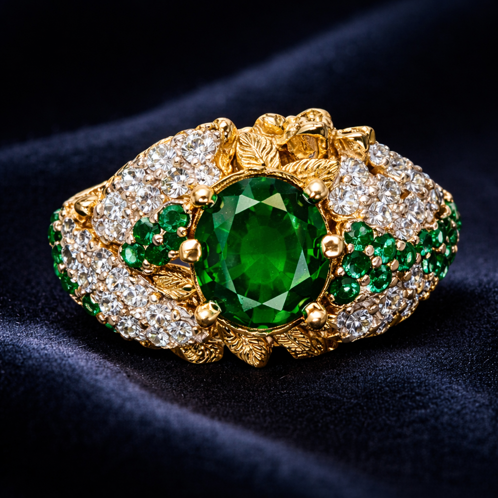 Vintage-Inspired Emerald Green Statement Ring – Ornate Gold-Tone Cocktail Ring with Crystal Accents