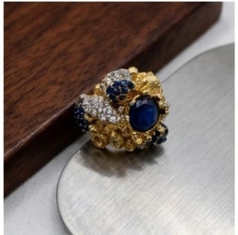 Vintage-Style Brutalist Cocktail Ring - Sapphire Blue & Crystal Cluster in Textured Gold