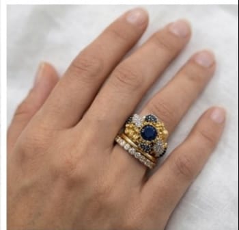 Vintage-Style Brutalist Cocktail Ring - Sapphire Blue & Crystal Cluster in Textured Gold