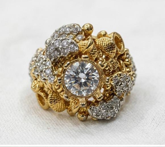 Vintage-Style Gold Ornate Cluster Ring with Crystal Accents