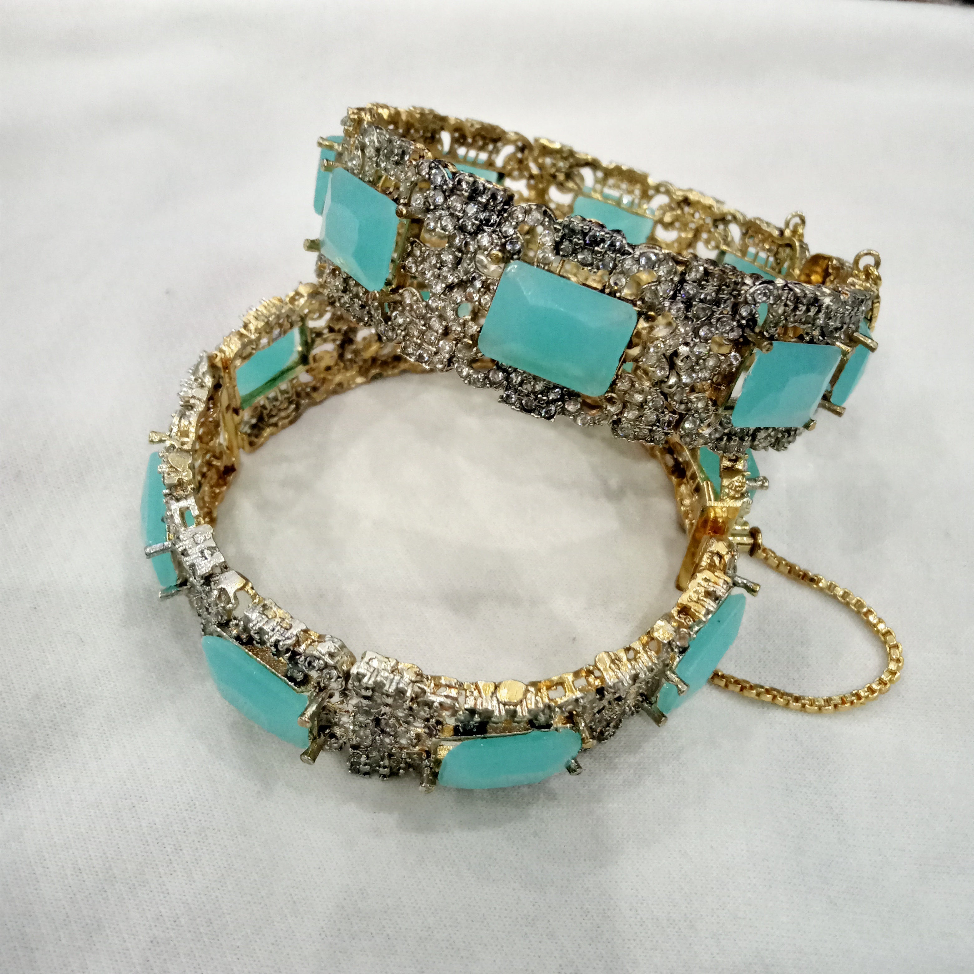 Elegant Turquoise & Pavé Crystal Gold-Plated Statement Bangles (Set of 2)